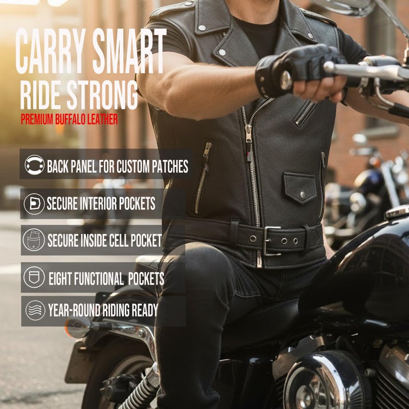 Jackets 4 Bikes Men's Classic Buffalo Leather Motorcycle Biker Vest | Vintage Cruiser Vest for Men, | Stylish Street Club Riding Black XL - Image 3